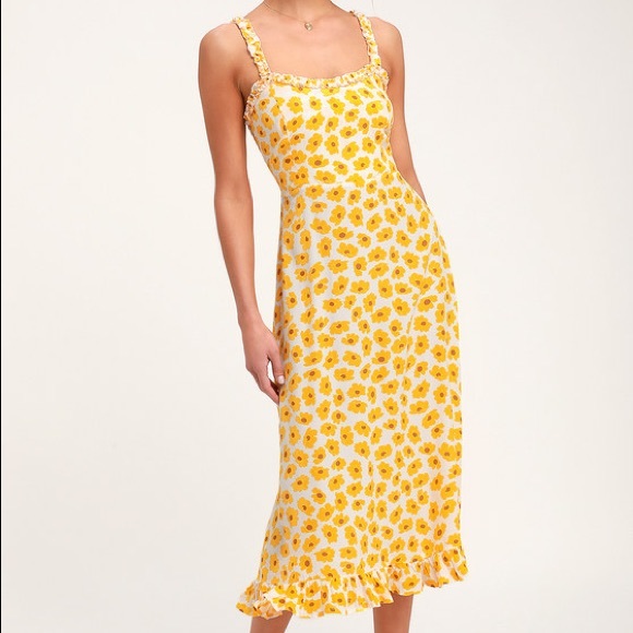 Dresses & Skirts - FAITHFULL THE BRAND Noemie Yellow Floral Print Ruffle Midi Dress